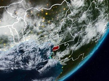 Ekvator Ginesi Planet Earth görünür ülke sınırları ile gece uzaydan. 3D çizim. Nasa tarafından döşenmiş bu görüntü unsurları.