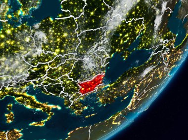 Bulgaristan Planet Earth görünür ülke sınırları ile gece uzaydan. 3D çizim. Nasa tarafından döşenmiş bu görüntü unsurları.