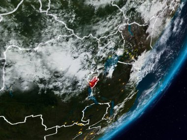 Burundi Planet Earth görünür ülke sınırları ile gece uzaydan. 3D çizim. Nasa tarafından döşenmiş bu görüntü unsurları.