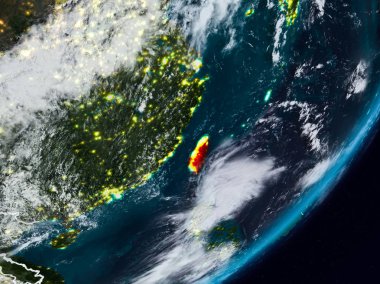 Tayvan Planet Earth görünür ülke sınırları ile gece uzaydan. 3D çizim. Nasa tarafından döşenmiş bu görüntü unsurları.