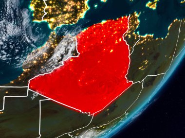 Cezayir Planet Earth görünür ülke sınırları ile gece uzaydan. 3D çizim. Nasa tarafından döşenmiş bu görüntü unsurları.