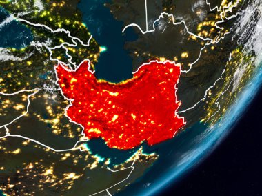 İran'dan alan Planet Earth görünür ülke sınırları ile gece. 3D çizim. Nasa tarafından döşenmiş bu görüntü unsurları.