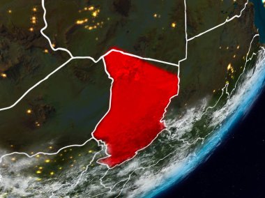 Planet Earth görünür ülke sınırları ile gece uzaydan Chad. 3D çizim. Nasa tarafından döşenmiş bu görüntü unsurları.