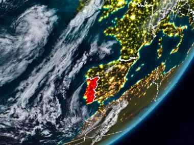 Portekiz Planet Earth görünür ülke sınırları ile gece uzaydan. 3D çizim. Nasa tarafından döşenmiş bu görüntü unsurları.