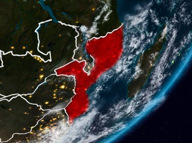 Mozambik Planet Earth görünür ülke sınırları ile gece uzaydan. 3D çizim. Nasa tarafından döşenmiş bu görüntü unsurları.