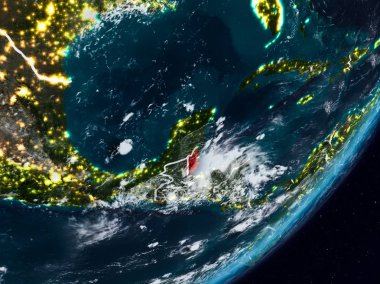 Belize Planet Earth görünür ülke sınırları ile gece uzaydan. 3D çizim. Nasa tarafından döşenmiş bu görüntü unsurları.