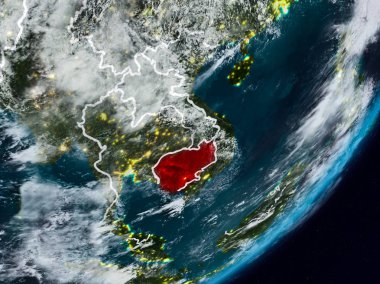 Kamboçya'dan gece görünür ülke sınırları ile dünya gezegeni üzerinde yer. 3D çizim. Nasa tarafından döşenmiş bu görüntü unsurları.