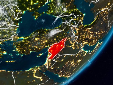 Suriye Planet Earth görünür ülke sınırları ile gece uzaydan. 3D çizim. Nasa tarafından döşenmiş bu görüntü unsurları.