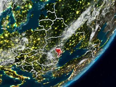 Moldova Planet Earth görünür ülke sınırları ile gece uzaydan. 3D çizim. Nasa tarafından döşenmiş bu görüntü unsurları.