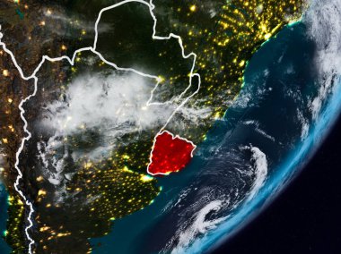 Uruguay Planet Earth görünür ülke sınırları ile gece uzaydan. 3D çizim. Nasa tarafından döşenmiş bu görüntü unsurları.