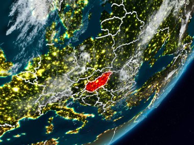 Macaristan Planet Earth görünür ülke sınırları ile gece uzaydan. 3D çizim. Nasa tarafından döşenmiş bu görüntü unsurları.