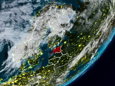 Estonya Planet Earth görünür ülke sınırları ile gece uzaydan. 3D çizim. Nasa tarafından döşenmiş bu görüntü unsurları.