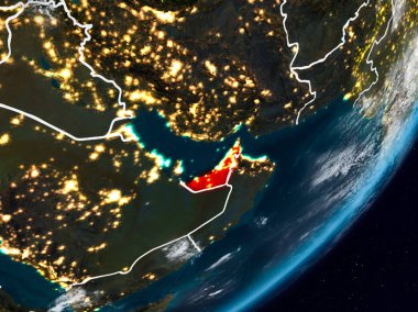 Birleşik Arap Emirlikleri Planet Earth görünür ülke sınırları ile gece uzaydan. 3D çizim. Nasa tarafından döşenmiş bu görüntü unsurları.