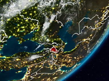 Ermenistan Planet Earth görünür ülke sınırları ile gece uzaydan. 3D çizim. Nasa tarafından döşenmiş bu görüntü unsurları.