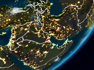 Kuveyt Planet Earth görünür ülke sınırları ile gece uzaydan. 3D çizim. Nasa tarafından döşenmiş bu görüntü unsurları.