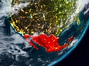 Meksika Planet Earth görünür ülke sınırları ile gece uzaydan. 3D çizim. Nasa tarafından döşenmiş bu görüntü unsurları.
