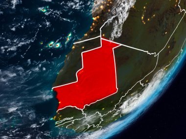 Moritanya Planet Earth görünür ülke sınırları ile gece uzaydan. 3D çizim. Nasa tarafından döşenmiş bu görüntü unsurları.