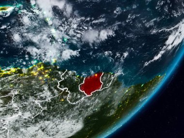 Surinam Planet Earth görünür ülke sınırları ile gece uzaydan. 3D çizim. Nasa tarafından döşenmiş bu görüntü unsurları.