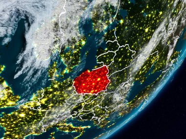Polonya Planet Earth görünür ülke sınırları ile gece uzaydan. 3D çizim. Nasa tarafından döşenmiş bu görüntü unsurları.