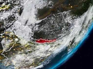 Nepal Planet Earth görünür ülke sınırları ile gece uzaydan. 3D çizim. Nasa tarafından döşenmiş bu görüntü unsurları.