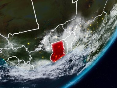 Gana Planet Earth görünür ülke sınırları ile gece uzaydan. 3D çizim. Nasa tarafından döşenmiş bu görüntü unsurları.