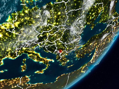 Planet Earth görünür ülke sınırları ile gece alan--dan Kosovo. 3D çizim. Nasa tarafından döşenmiş bu görüntü unsurları.
