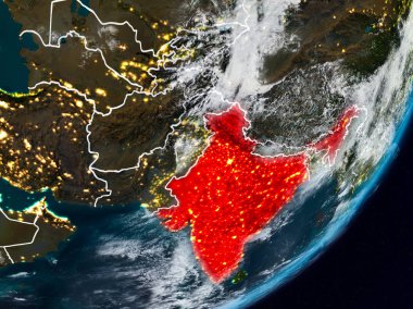 Planet Earth görünür ülke sınırları ile gece uzaydan Hindistan. 3D çizim. Nasa tarafından döşenmiş bu görüntü unsurları.