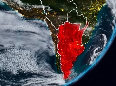 Arjantin Planet Earth görünür ülke sınırları ile gece uzaydan. 3D çizim. Nasa tarafından döşenmiş bu görüntü unsurları.