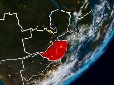 Zimbabve Planet Earth görünür ülke sınırları ile gece uzaydan. 3D çizim. Nasa tarafından döşenmiş bu görüntü unsurları.