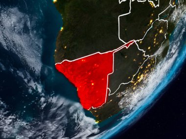 Namibya Planet Earth görünür ülke sınırları ile gece uzaydan. 3D çizim. Nasa tarafından döşenmiş bu görüntü unsurları.