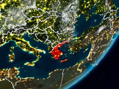 Yunanistan Planet Earth görünür ülke sınırları ile gece uzaydan. 3D çizim. Nasa tarafından döşenmiş bu görüntü unsurları.