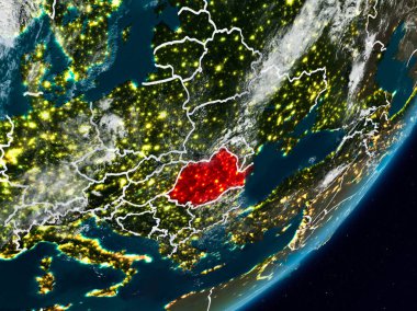 Romanya Planet Earth görünür ülke sınırları ile gece uzaydan. 3D çizim. Nasa tarafından döşenmiş bu görüntü unsurları.
