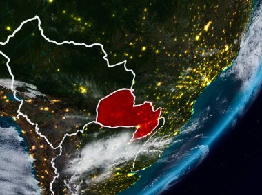 Paraguay Planet Earth görünür ülke sınırları ile gece uzaydan. 3D çizim. Nasa tarafından döşenmiş bu görüntü unsurları.