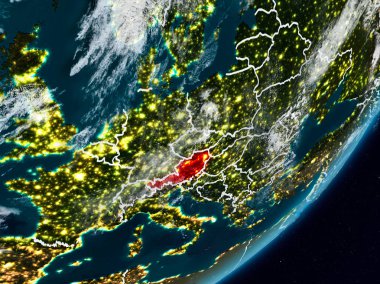 Avusturya Planet Earth görünür ülke sınırları ile gece uzaydan. 3D çizim. Nasa tarafından döşenmiş bu görüntü unsurları.
