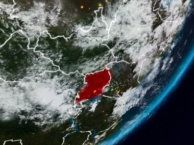 Uganda Planet Earth görünür ülke sınırları ile gece uzaydan. 3D çizim. Nasa tarafından döşenmiş bu görüntü unsurları.