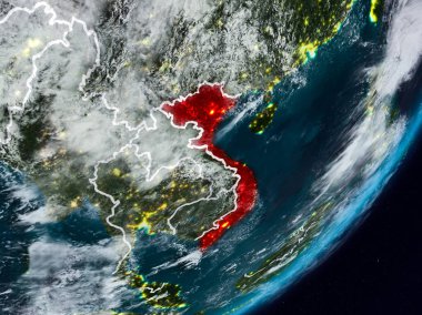 Vietnam Planet Earth görünür ülke sınırları ile gece uzaydan. 3D çizim. Nasa tarafından döşenmiş bu görüntü unsurları.