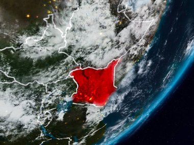 Kenya Planet Earth görünür ülke sınırları ile gece uzaydan. 3D çizim. Nasa tarafından döşenmiş bu görüntü unsurları.