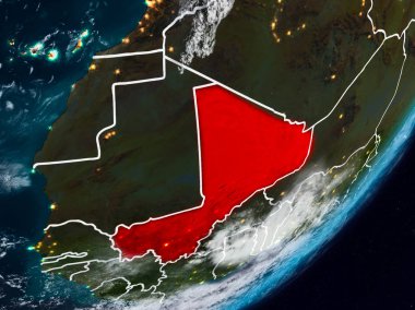 Mali Planet Earth görünür ülke sınırları ile gece uzaydan. 3D çizim. Nasa tarafından döşenmiş bu görüntü unsurları.