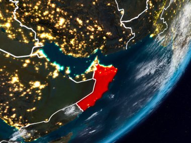 Umman Planet Earth görünür ülke sınırları ile gece uzaydan. 3D çizim. Nasa tarafından döşenmiş bu görüntü unsurları.