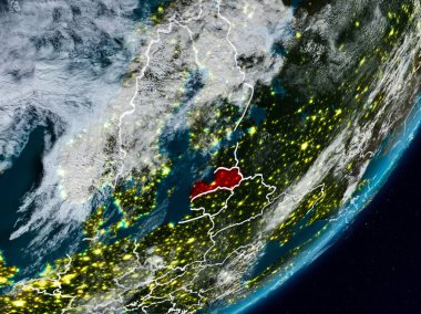 Letonya Planet Earth görünür ülke sınırları ile gece uzaydan. 3D çizim. Nasa tarafından döşenmiş bu görüntü unsurları.