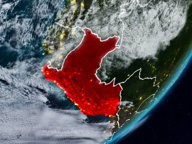 Peru Planet Earth görünür ülke sınırları ile gece uzaydan. 3D çizim. Nasa tarafından döşenmiş bu görüntü unsurları.