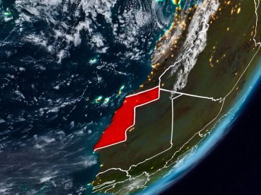 Batı Sahra Planet Earth görünür ülke sınırları ile gece uzaydan. 3D çizim. Nasa tarafından döşenmiş bu görüntü unsurları.