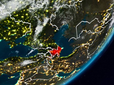 Azerbaycan Planet Earth görünür ülke sınırları ile gece uzaydan. 3D çizim. Nasa tarafından döşenmiş bu görüntü unsurları.