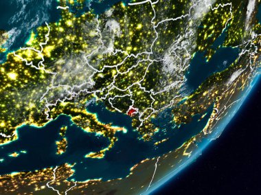 Karadağ Planet Earth görünür ülke sınırları ile gece uzaydan. 3D çizim. Nasa tarafından döşenmiş bu görüntü unsurları.