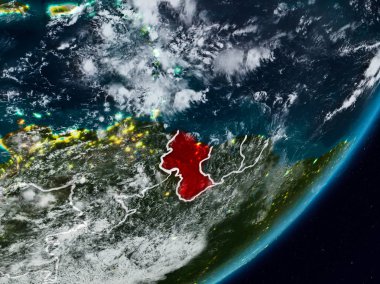 Guyana Planet Earth görünür ülke sınırları ile gece uzaydan. 3D çizim. Nasa tarafından döşenmiş bu görüntü unsurları.
