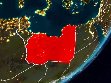 Libya Planet Earth görünür ülke sınırları ile gece uzaydan. 3D çizim. Nasa tarafından döşenmiş bu görüntü unsurları.