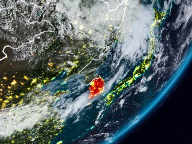Güney Kore Planet Earth görünür ülke sınırları ile gece uzaydan. 3D çizim. Nasa tarafından döşenmiş bu görüntü unsurları.