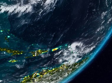 Porto Riko Planet Earth görünür ülke sınırları ile gece uzaydan. 3D çizim. Nasa tarafından döşenmiş bu görüntü unsurları.