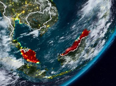 Malezya Planet Earth görünür ülke sınırları ile gece uzaydan. 3D çizim. Nasa tarafından döşenmiş bu görüntü unsurları.