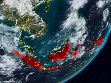 Endonezya Planet Earth görünür ülke sınırları ile gece uzaydan. 3D çizim. Nasa tarafından döşenmiş bu görüntü unsurları.